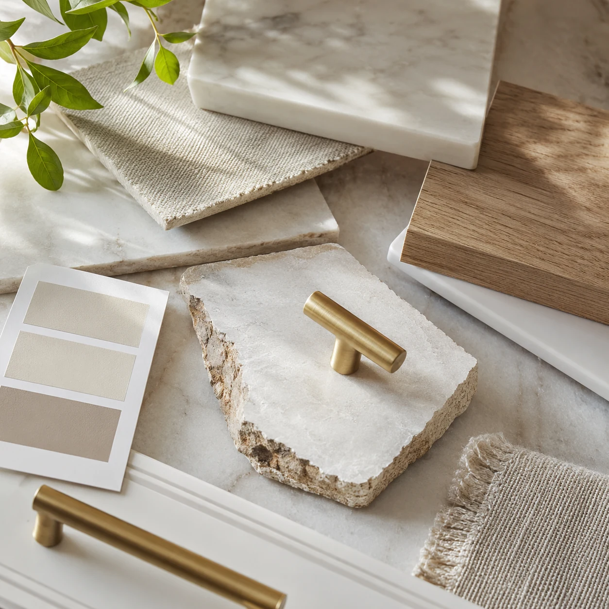 Design d’intérieur material samples with stone, linen, brass, and natural texture