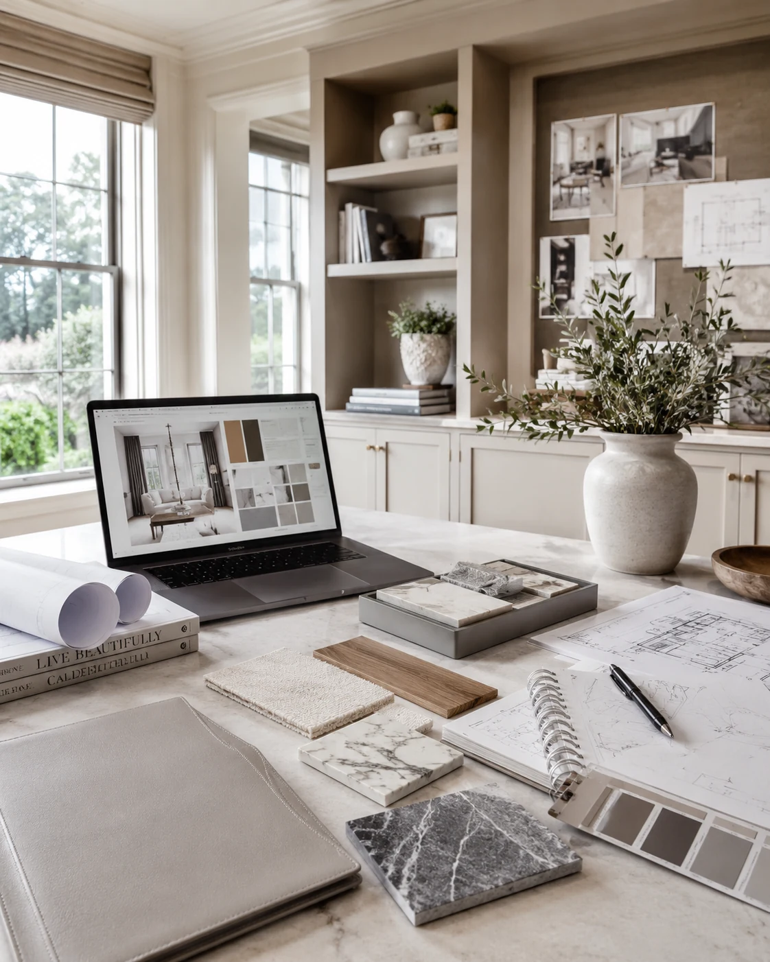 Design d’intérieur consultation with plans, matériaux, and coffee on a wooden table