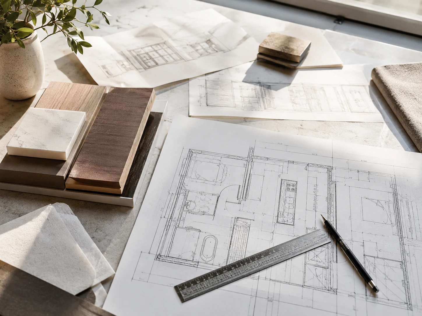 Detailed architectural drawings with ruler, pen, and material samples