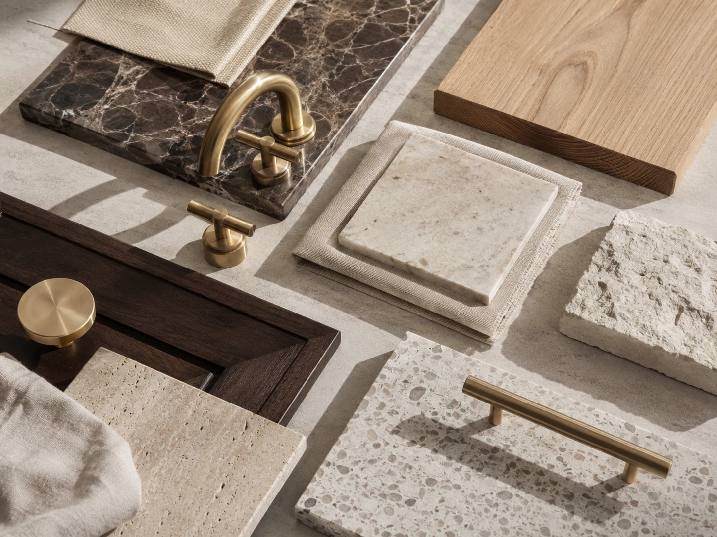 Design d’intérieur sourcing matériaux with brass, wood, marble, and textile samples